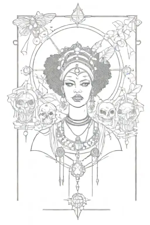 Black Female Afro High Priestess With Skulls Crystals And Lunar Moth Tarot Card
