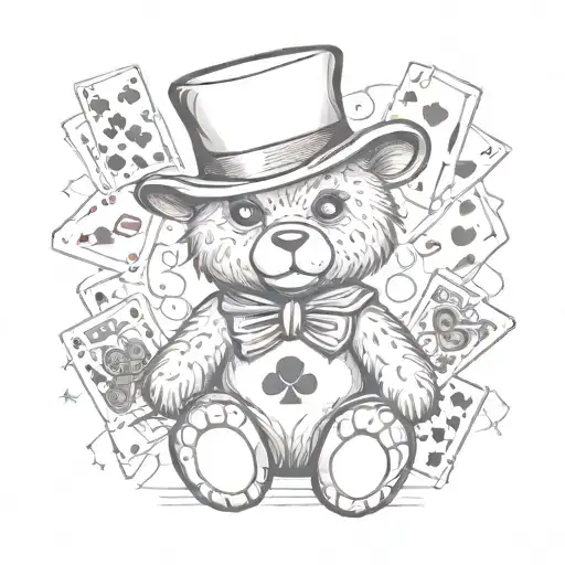 Female Voodoo Teddy Bear Wearing A Rogue Hat Surrounded By Playing Cards Hearts