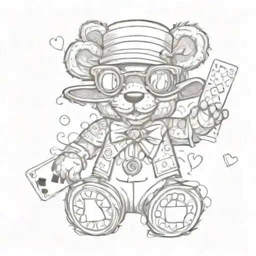 Full Body Voodoo Teddy Bear Wearing A Rogue Hat Surrounded By Playing Cards Hearts And Button Eyes