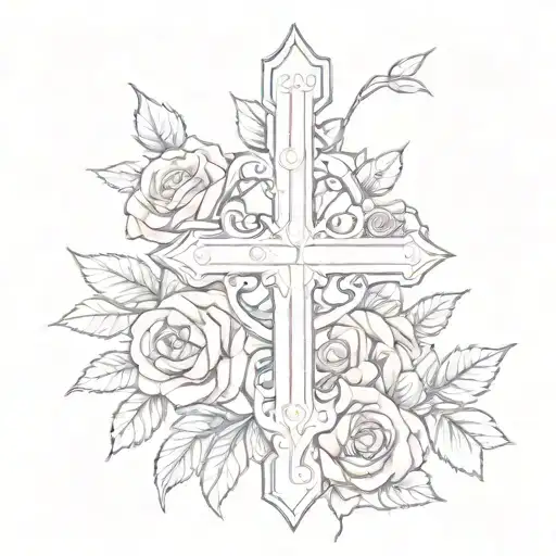Catholic Cross With Feminine Pink And Red Roses Intertwined And Growing