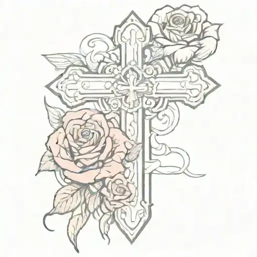 Catholic Cross With Feminine Pink And Red Roses Entwined