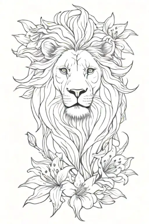 Lion Head With Lily Flowers Around It