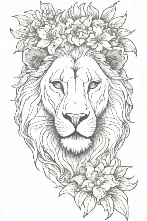 Lion Head With Lily Flowers Around It With Flower Crown Use Stippling For Shading