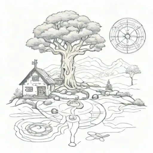 Stone Road Leading To Life Of Tree With House And Rune Compass Rose