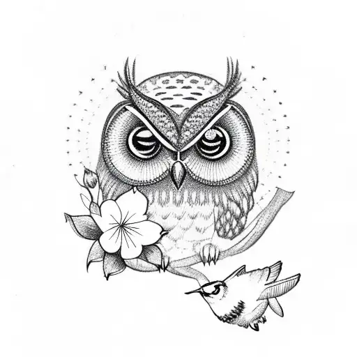Owl And Hummingbird With Flowers