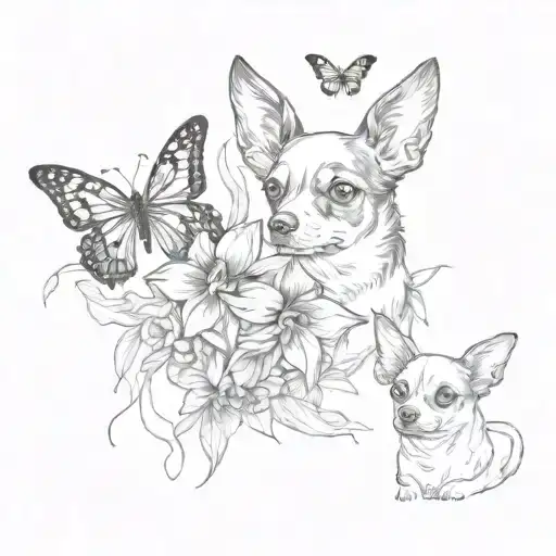 Deer Head Chihuahua Dog And A Black And White Papillon Dog With Red Lily Flowers And Butterflies