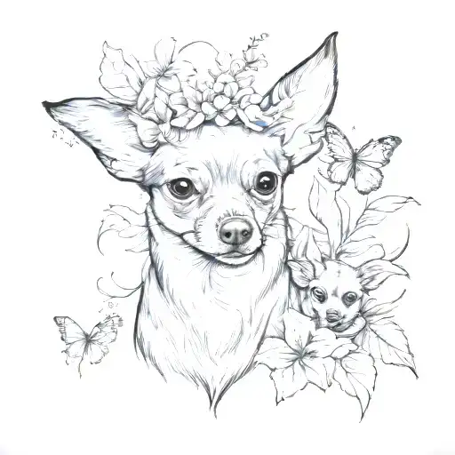 Deer Head Chihuahua Dog With A Papillon Dog Playing With Red Lily Flowers With Butterflies