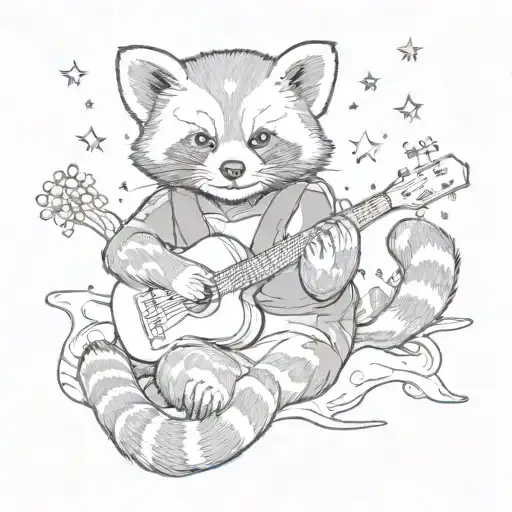 A Red Panda Playing A Ukulele Under A Starry Sky Filled