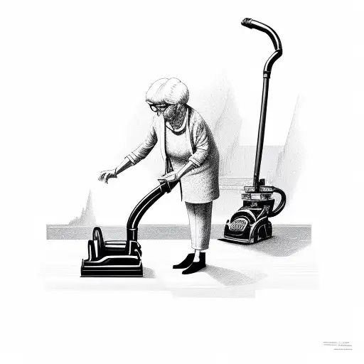 Grandma Lifting Rug With One Hand To Vacuum Under It With The Other Hand