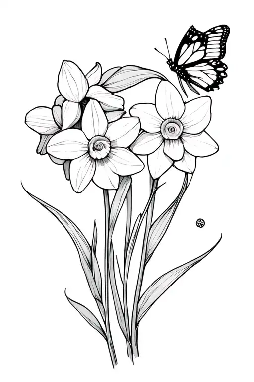 Daffodil Flowers With Line Work Fine Lines And Butterflies