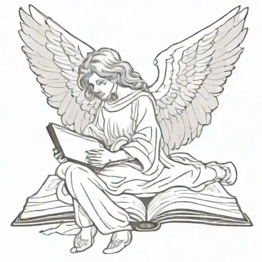 A Sketch Style Tattoo Of A Guardian Angel Protecting A Person Reading The Bible