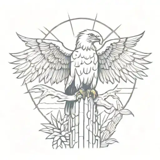 A Sketch Style Tattoo Of A Majestic Eagle Perched On A Saguaro Cactus With A Cross In The Foreground