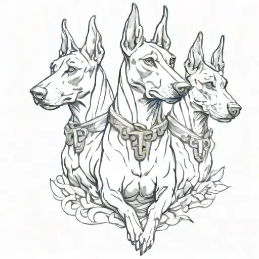 Three Headed Doberman Dog Sat Behind Medusa Greek Mythology