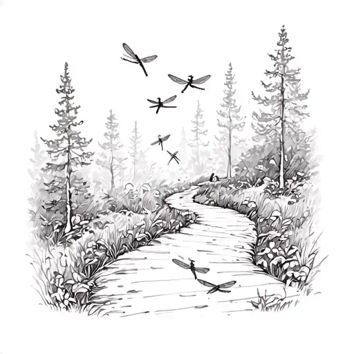 A Sketch Of A Hiking Trail Winding Through A Forest Of Dragonflies