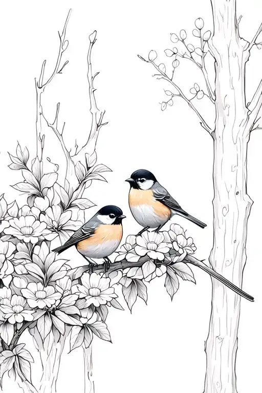 Chickadees Perched On Flowers With Trees In Background