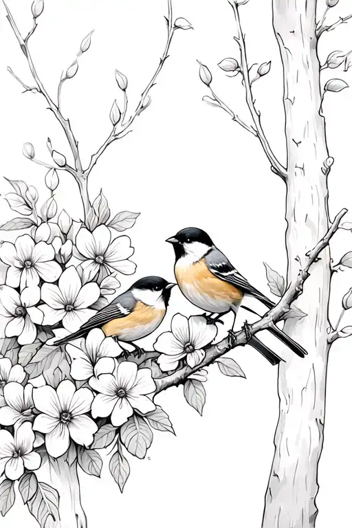 Chickadees Perched On Flowers With Trees In Background
