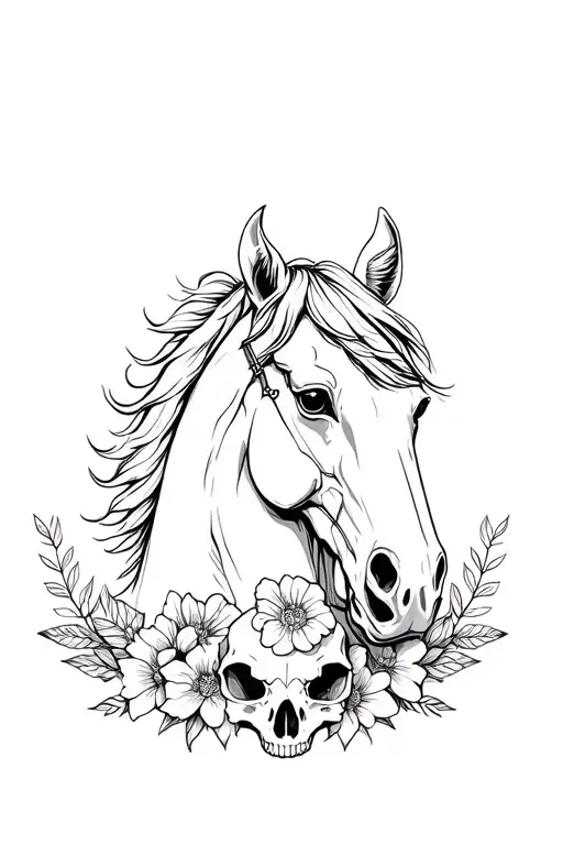 Half Horse Head With Half Horse Skull And Flowers Around It