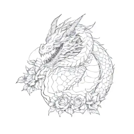 A White Dragon With Roses Blooming