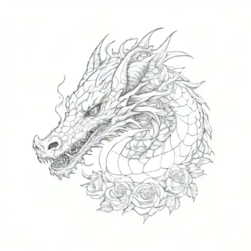 A White Dragon With Roses Blooming Flowers Growing