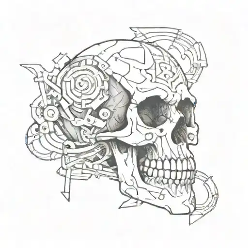 A Skull Adorned With Internet Symbols And Video Game Elements In A Sketch Style