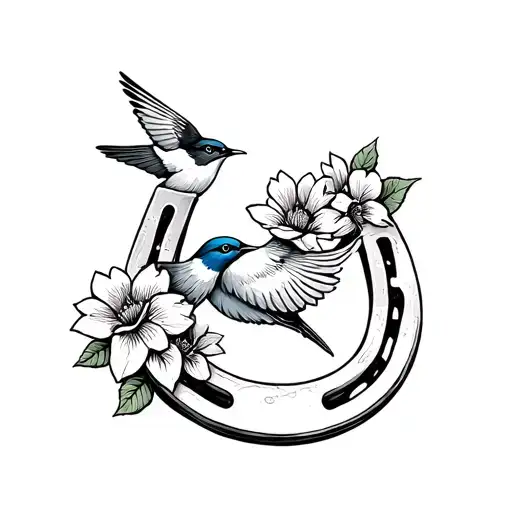 Old School Horseshoe With Flowers And A Swallow