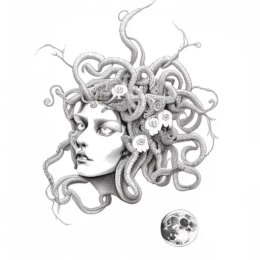 Medusa With Purple Flowers And Moon