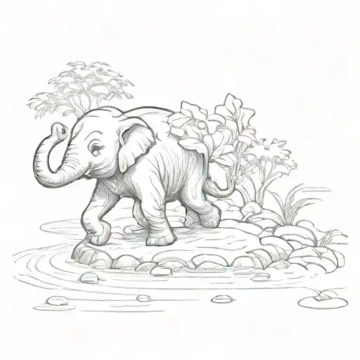 A Whimsical Scene Of A Baby Elephant Playing In A Serene Thai River