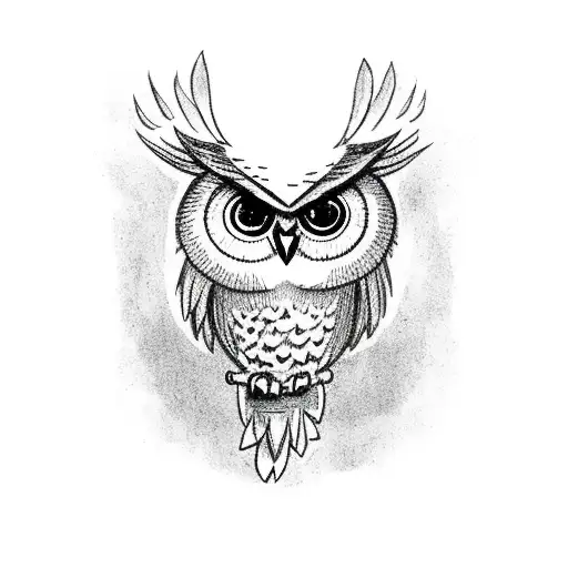 Full Owl Standing On A Wood Stick Half Owl Is Faded Or Sketched Outlines Only