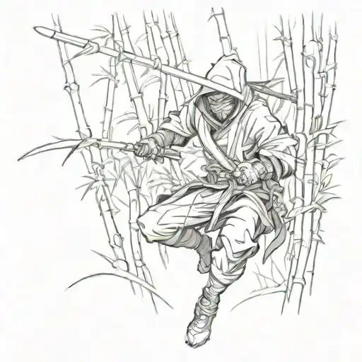 Ninja Demon Sneaking Through A Bamboo Forest At Night