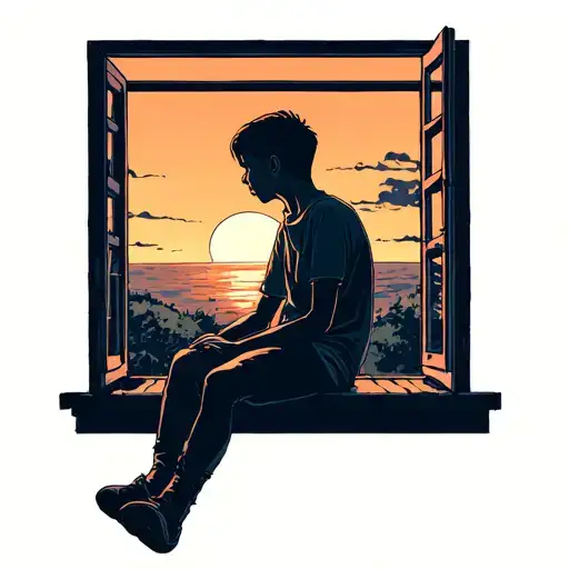 Boy Sitting Out Window Looking At Sunset