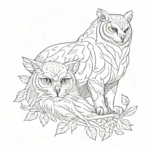 A Lioness And Owl In A Unique Sketch Style Composition
