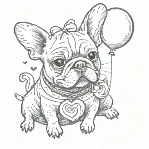 A Sketch-style Portrait Of A French Bulldog And Owl Sharing A Heart-shaped Balloon