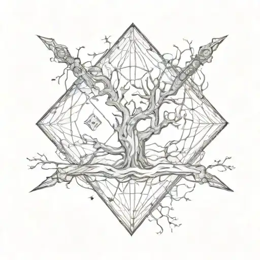 Four Sided Diamond With A Tree Morphing Into A Longsword In The Earth