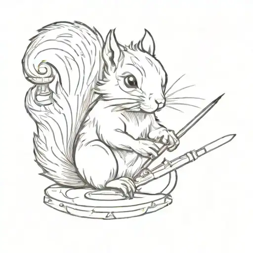 A Sketch Style Tattoo Of A Squirrel Holding A Paintbrush And Palette With A Sun In The Background