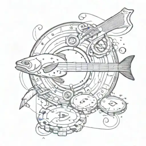 A Poker Chip With A Fishing Lure Design And Guitar Strings Coming Out Of It