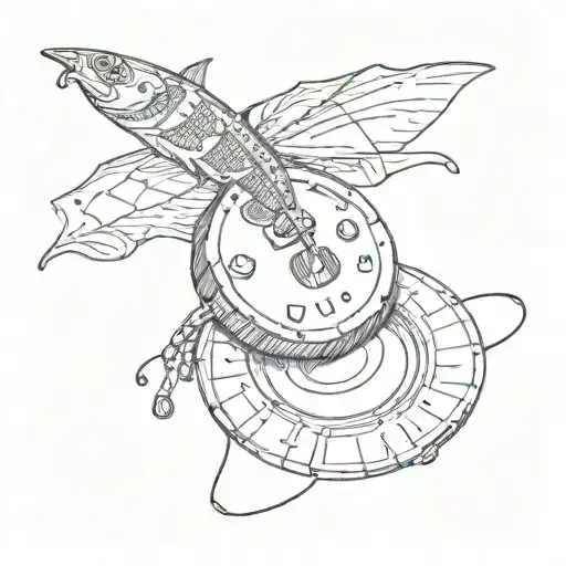 A Poker Chip With A Fishing Lure Design And Guitar Strings Coming Out Of It
