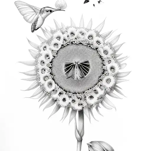 Multiple Various Flowers With Butterflies And A Hummingbird Eating From A Dandelion