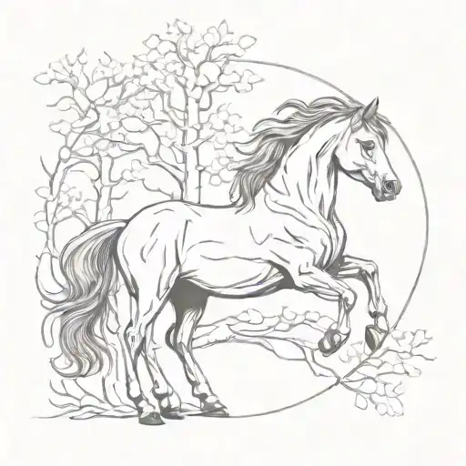 A Sketch-style Tattoo Of A Horse And Birch Tree Intertwined In A Beautiful Design