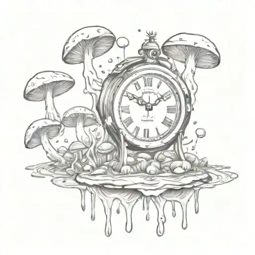 Surreal Scene Of A Melting Clock Surrounded By Psychedelic Mushrooms