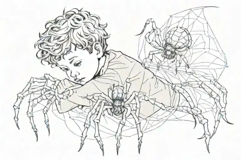 Little Boy With Curly Hugging A Realistic Spider With Thin Legs Spread Across The Boys Chest