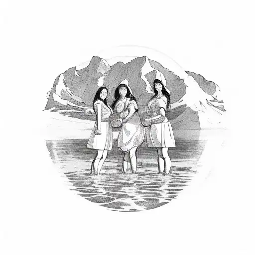 Three Women Holding A Beer Chalace In The Middle Of A Lake With A Mountain Backdrop