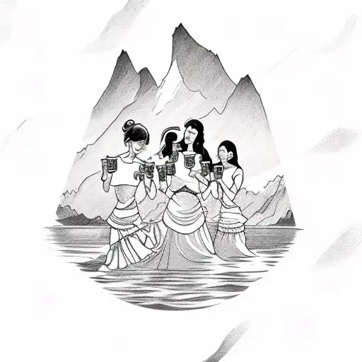 Three Women Holding A Beer Chalace In The Middle Of A Lake With A Mountain Backdrop