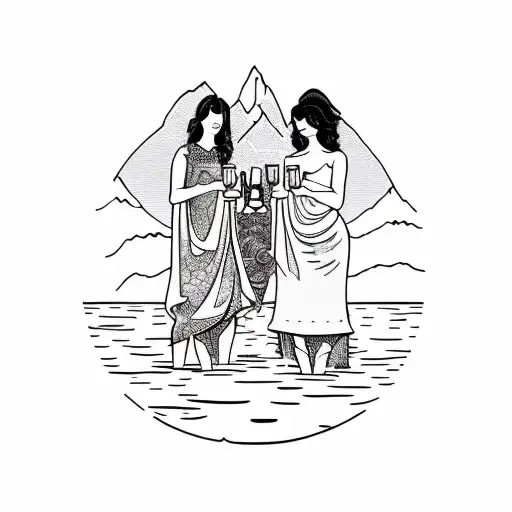 Three Women Holding A Beer Chalace In The Middle Of A Lake With A Mountain Backdrop