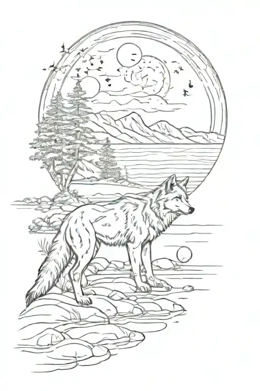 Sand Harbor Lake Tahoe With Small Wolf Looking Towards The Moon With A Shadow Of A Cross