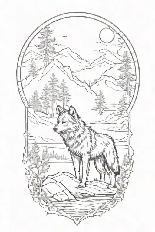A Detailed Blackwork Tattoo Of A Wolf In A Serene Setting Inspired By Sand Harbor Lake Tahoe
