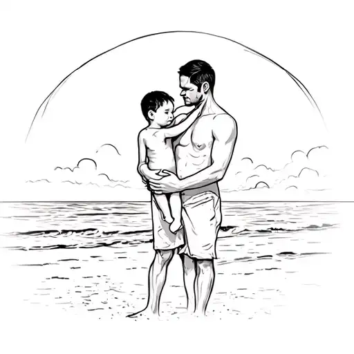 A Man Holding A Child On The Beach At Sunset