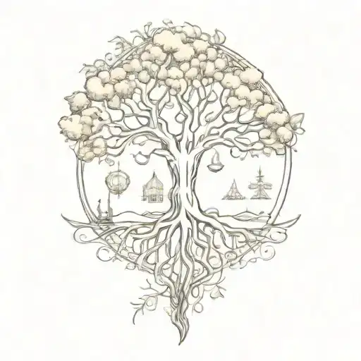 A Tree Of Life Symbol With Various Travel Landmarks As The Leaves