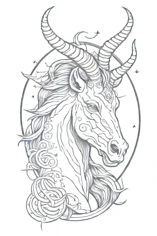 Capricorn Sign With A Capricorn Head That Is Looking Straigh Ahead And The Zodiac Stars