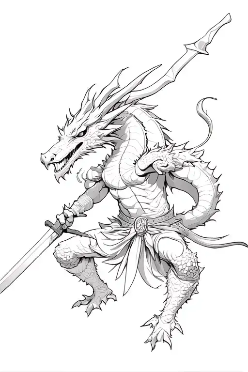 Dragon Fighting Warrior Wielding A Sword