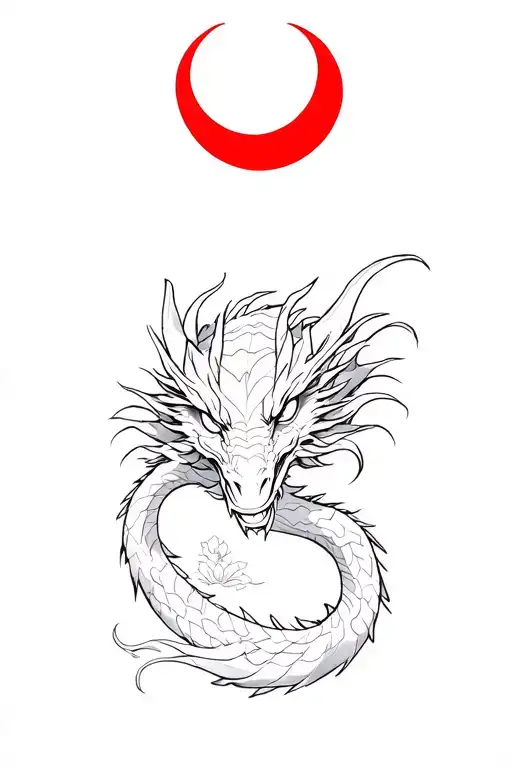 Dragon With A Red Crescent Above His Head And Sakura